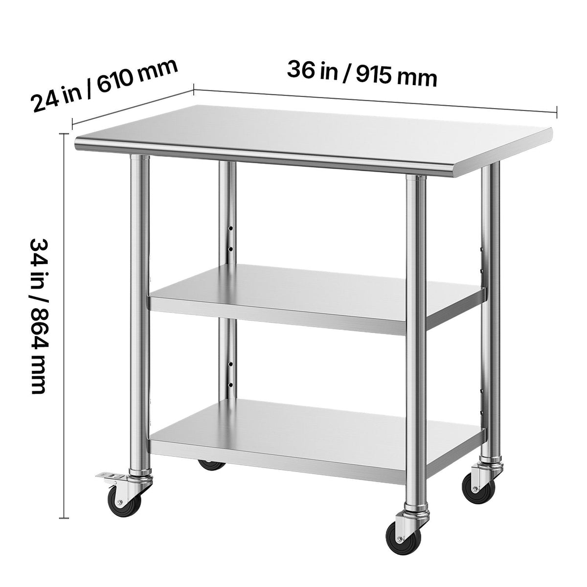 Stainless Steel Work Table, 24x36 Inch Food Prep Table with 2 Shelves and Wheels, Commercial Kitchen Workstation, Metal Heavy Duty Utility Worktable, for Restaurant Home Hotel Garage Outdoor
