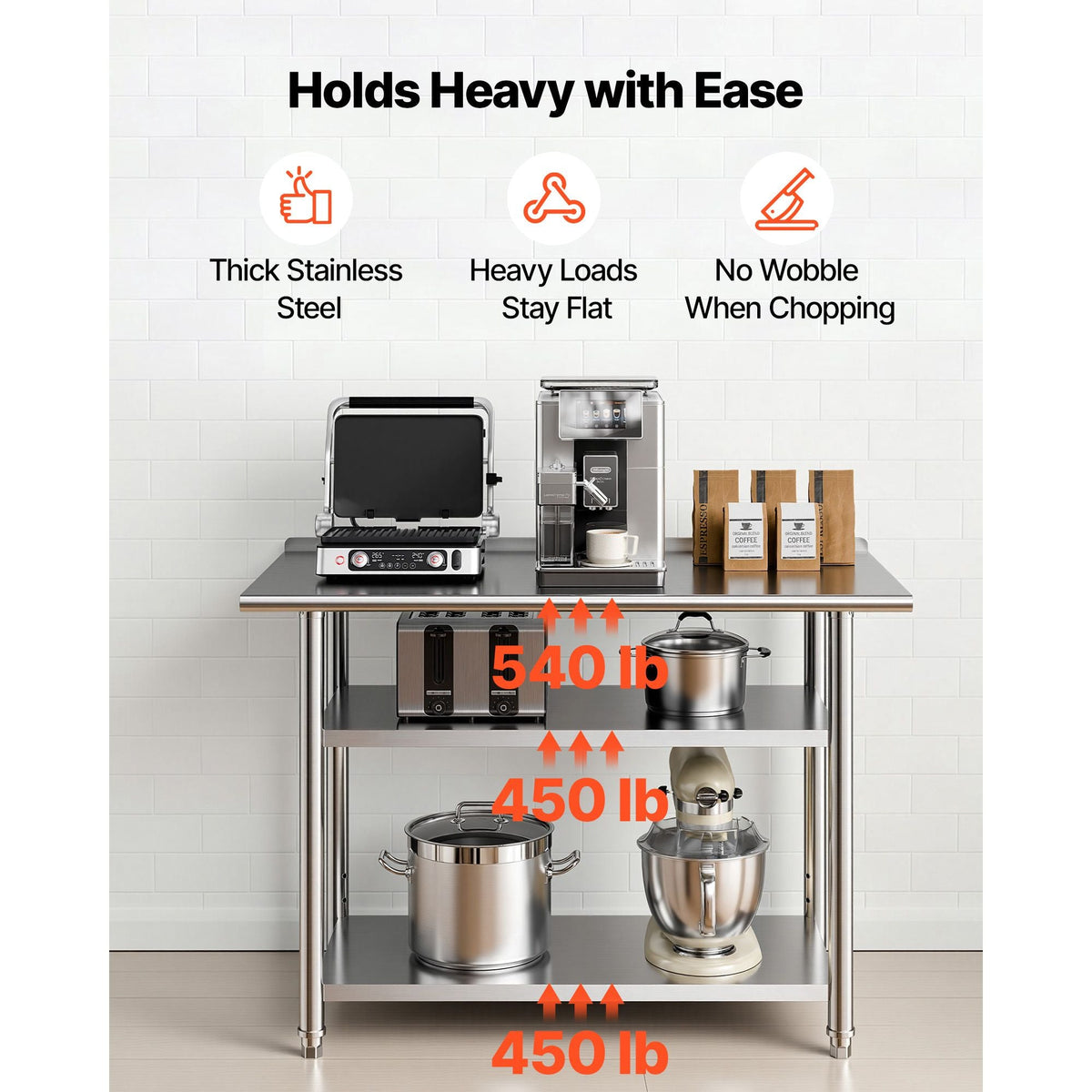 Stainless Steel Work Table, 24x48 Inch Food Prep Table with 2 Shelves and Backsplash, Commercial Kitchen Workstation, Metal Heavy Duty Utility Worktable, for Restaurant Home Hotel Garage Outdoor