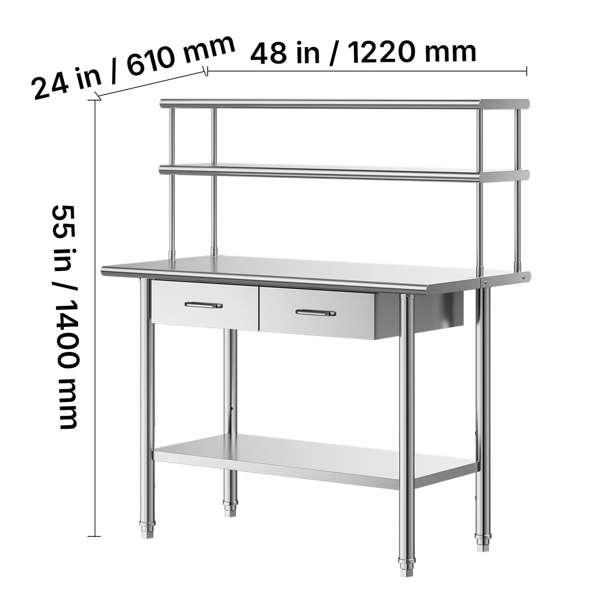 Stainless Steel Work Table, 24x48 Inch Food Prep Table with Overshelves and 2 Drawers, Commercial Kitchen Workstation with Adjustable Undershelf, Metal Utility Worktable, for Restaurant Garage