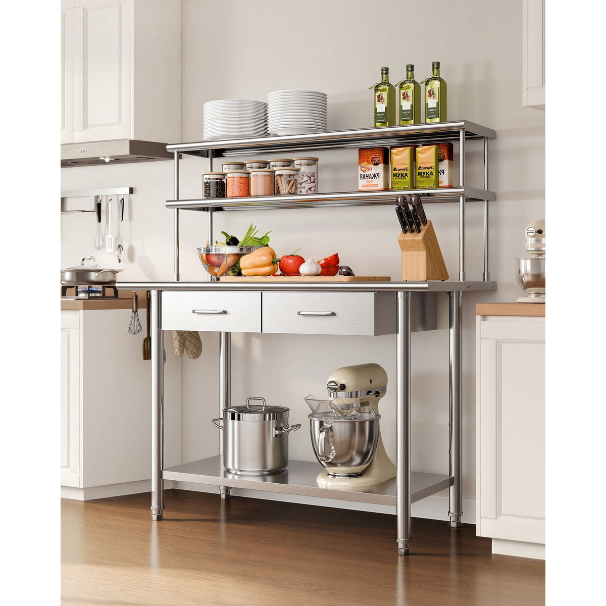 Stainless Steel Work Table, 24x48 Inch Food Prep Table with Overshelves and 2 Drawers, Commercial Kitchen Workstation with Adjustable Undershelf, Metal Utility Worktable, for Restaurant Garage