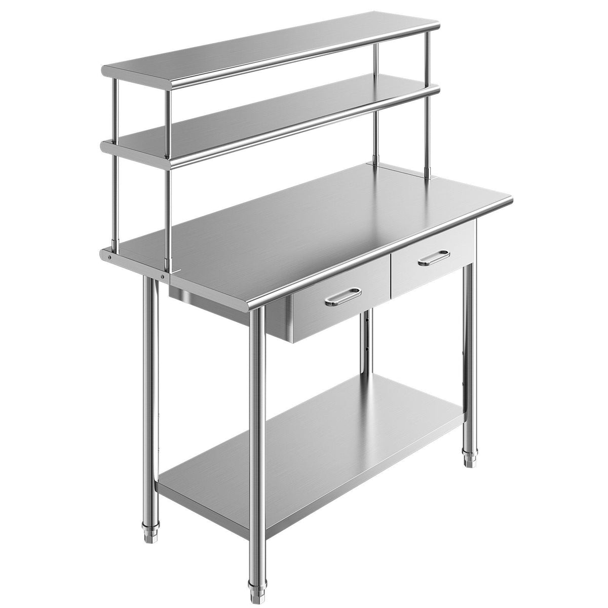 Stainless Steel Work Table, 24x48 Inch Food Prep Table with Overshelves and 2 Drawers, Commercial Kitchen Workstation with Adjustable Undershelf, Metal Utility Worktable, for Restaurant Garage