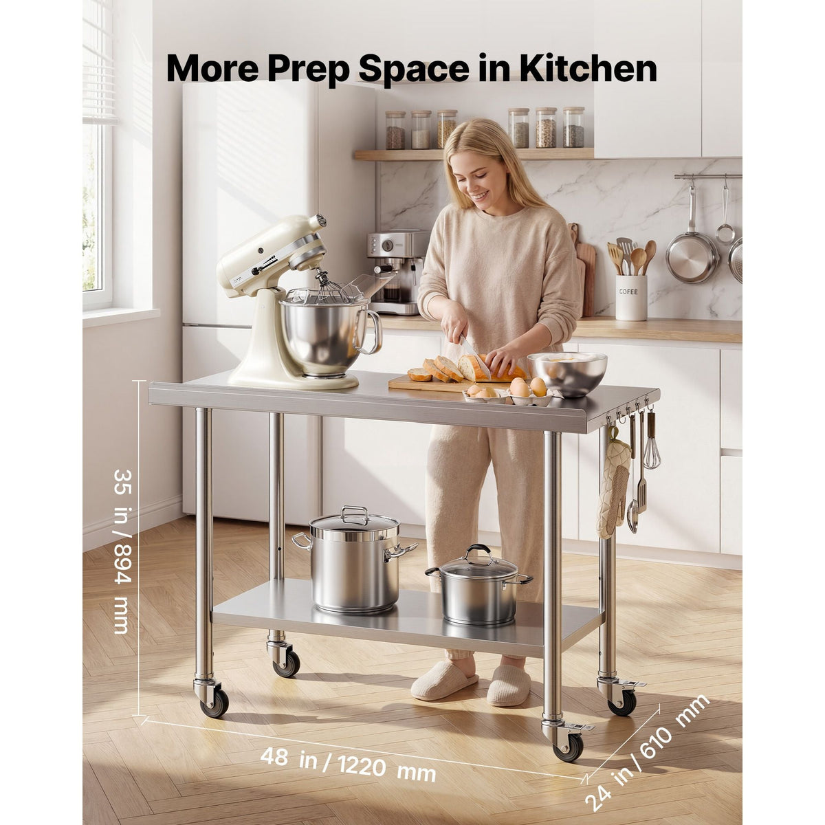 Stainless Steel Work Table, 24x48 inch Food Prep Table with Wheels, Commercial Kitchen Workstation with Adjustable Undershelf, Metal Heavy Duty Utility Worktable, for Restaurant Home Outdoor