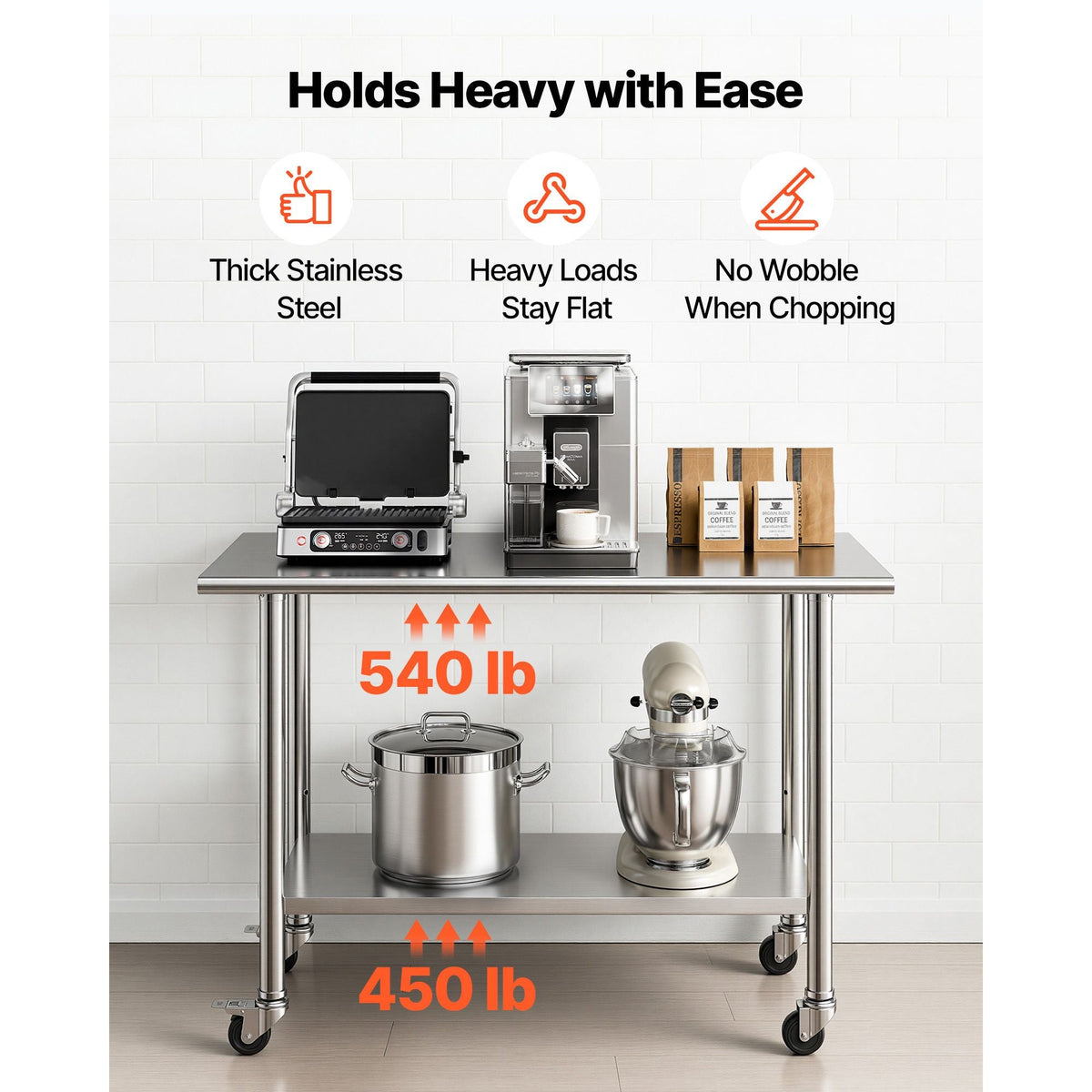 Stainless Steel Work Table, 24x48 inch Food Prep Table with Wheels, Commercial Kitchen Workstation with Adjustable Undershelf, Metal Utility Worktable, for Restaurant Home Outdoor