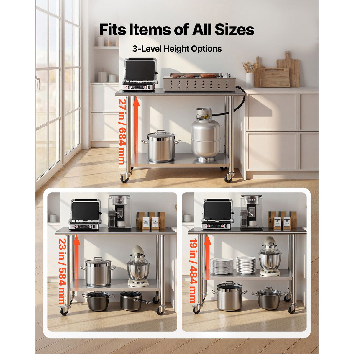 Stainless Steel Work Table, 24x48 inch Food Prep Table with Wheels, Commercial Kitchen Workstation with Adjustable Undershelf, Metal Utility Worktable, for Restaurant Home Outdoor
