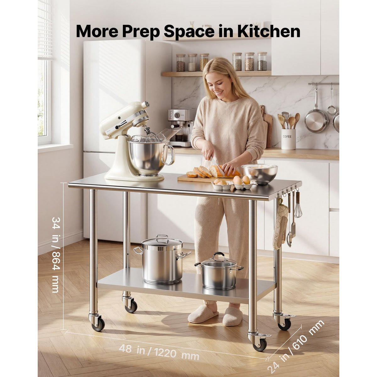 Stainless Steel Work Table, 24x48 inch Food Prep Table with Wheels, Commercial Kitchen Workstation with Adjustable Undershelf, Metal Utility Worktable, for Restaurant Home Outdoor