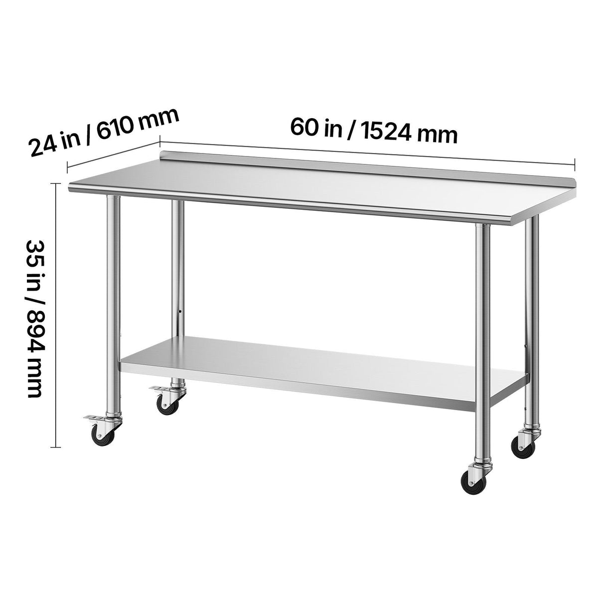 Stainless Steel Work Table, 24x60 inch Food Prep Table with Wheels and Backsplash, Commercial Kitchen Workstation with Adjustable Undershelf, Metal Utility Worktable, for Restaurant Home Outdoor