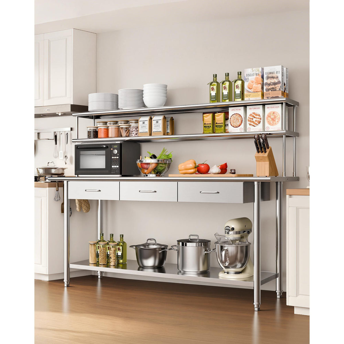 Stainless Steel Work Table, 24x72 Inch Food Prep Table with Overshelves and 3 Drawers, Commercial Kitchen Workstation with Adjustable Undershelf, Metal Utility Worktable, for Restaurant Garage