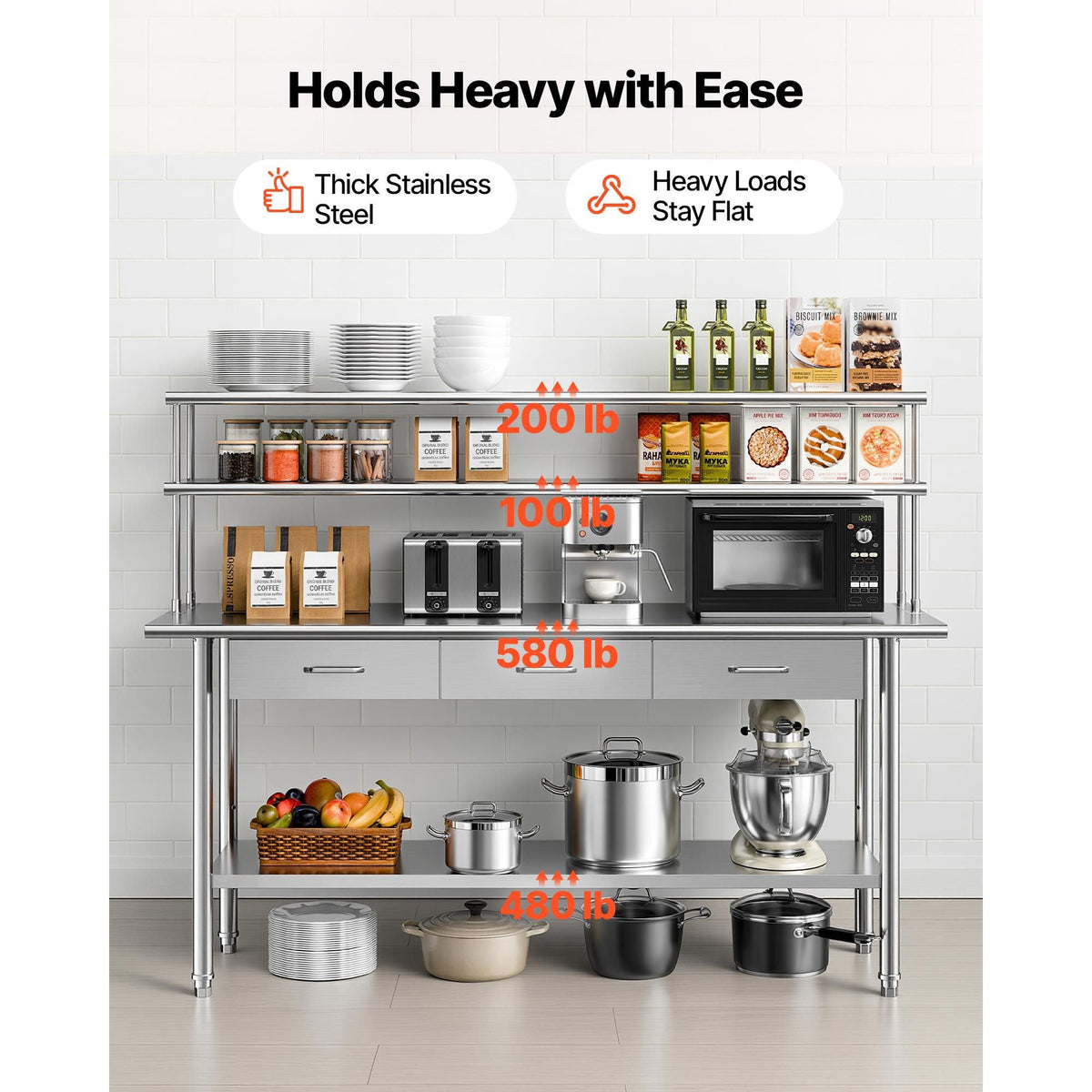 Stainless Steel Work Table, 24x72 Inch Food Prep Table with Overshelves and 3 Drawers, Commercial Kitchen Workstation with Adjustable Undershelf, Metal Utility Worktable, for Restaurant Garage