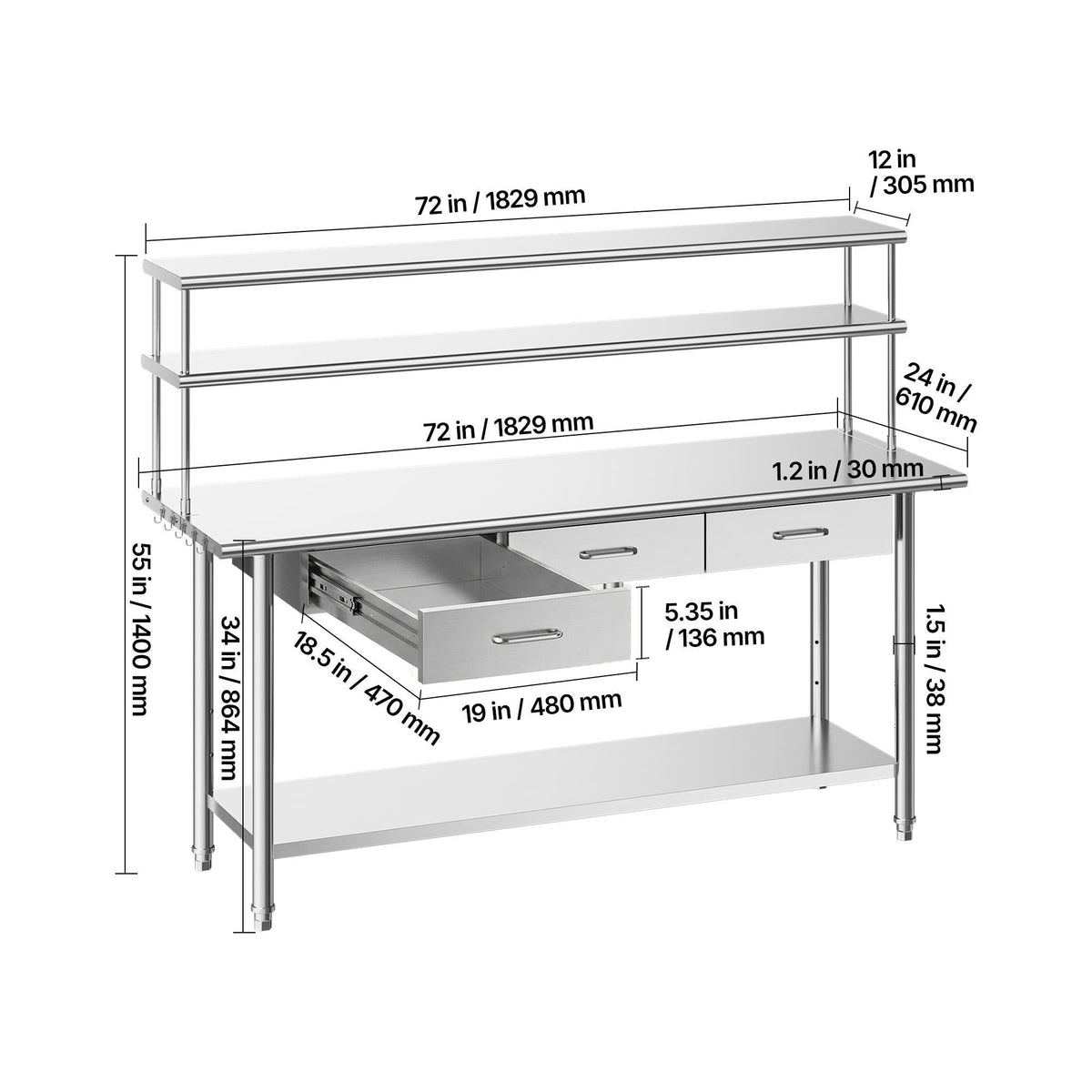 Stainless Steel Work Table, 24x72 Inch Food Prep Table with Overshelves and 3 Drawers, Commercial Kitchen Workstation with Adjustable Undershelf, Metal Utility Worktable, for Restaurant Garage