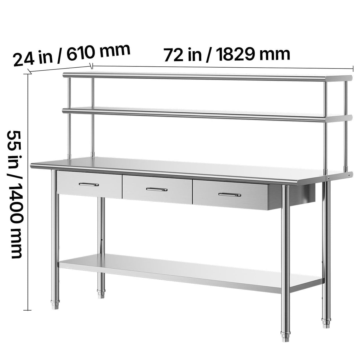 Stainless Steel Work Table, 24x72 Inch Food Prep Table with Overshelves and 3 Drawers, Commercial Kitchen Workstation with Adjustable Undershelf, Metal Utility Worktable, for Restaurant Garage