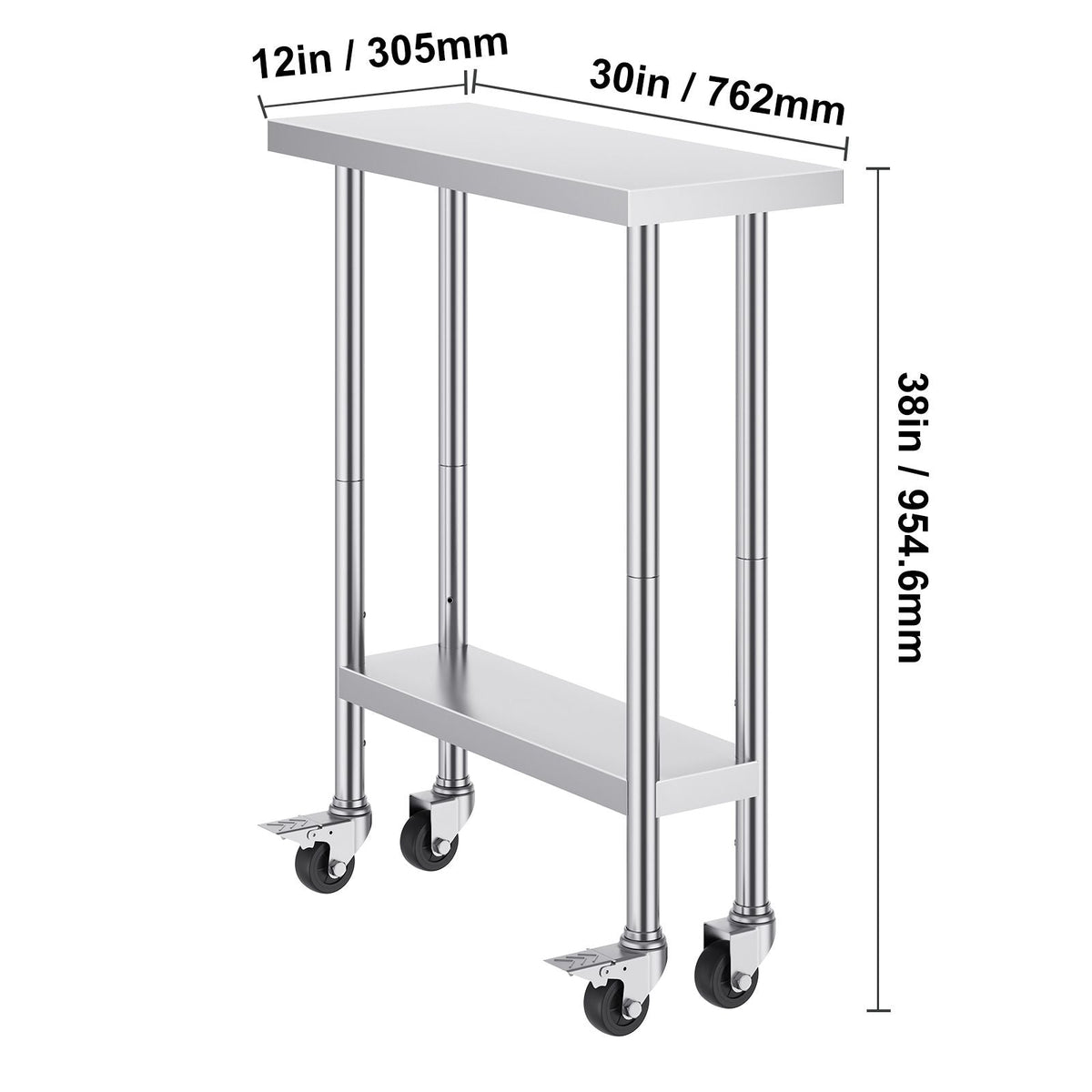 Stainless Steel Work Table 30 x 12 x 38 Inch, with 4 Wheels, 3 Adjustable Height Levels, Heavy Duty Food Prep Worktable for Commercial Kitchen Restaurant, Silver
