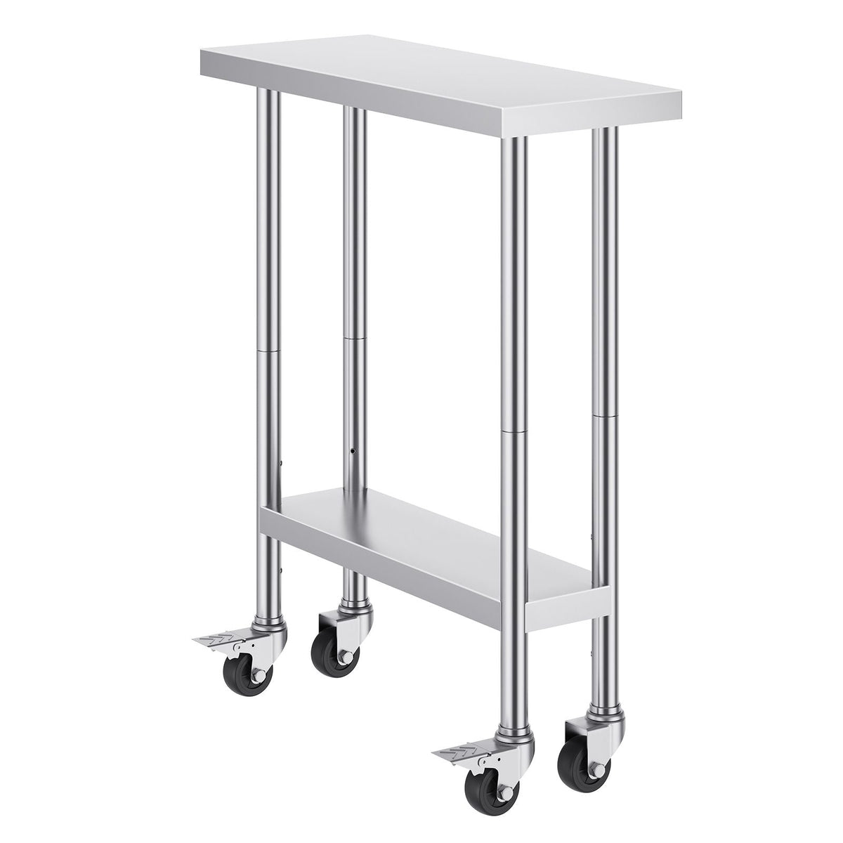 Stainless Steel Work Table 30 x 12 x 38 Inch, with 4 Wheels, 3 Adjustable Height Levels, Heavy Duty Food Prep Worktable for Commercial Kitchen Restaurant, Silver