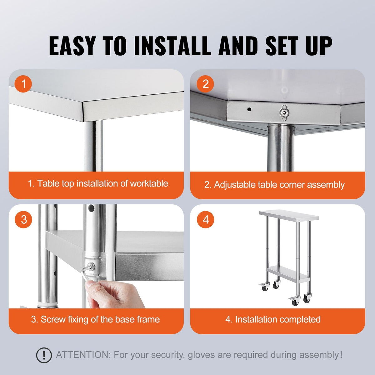 Stainless Steel Work Table 30 x 12 x 38 Inch, with 4 Wheels, 3 Adjustable Height Levels, Heavy Duty Food Prep Worktable for Commercial Kitchen Restaurant, Silver