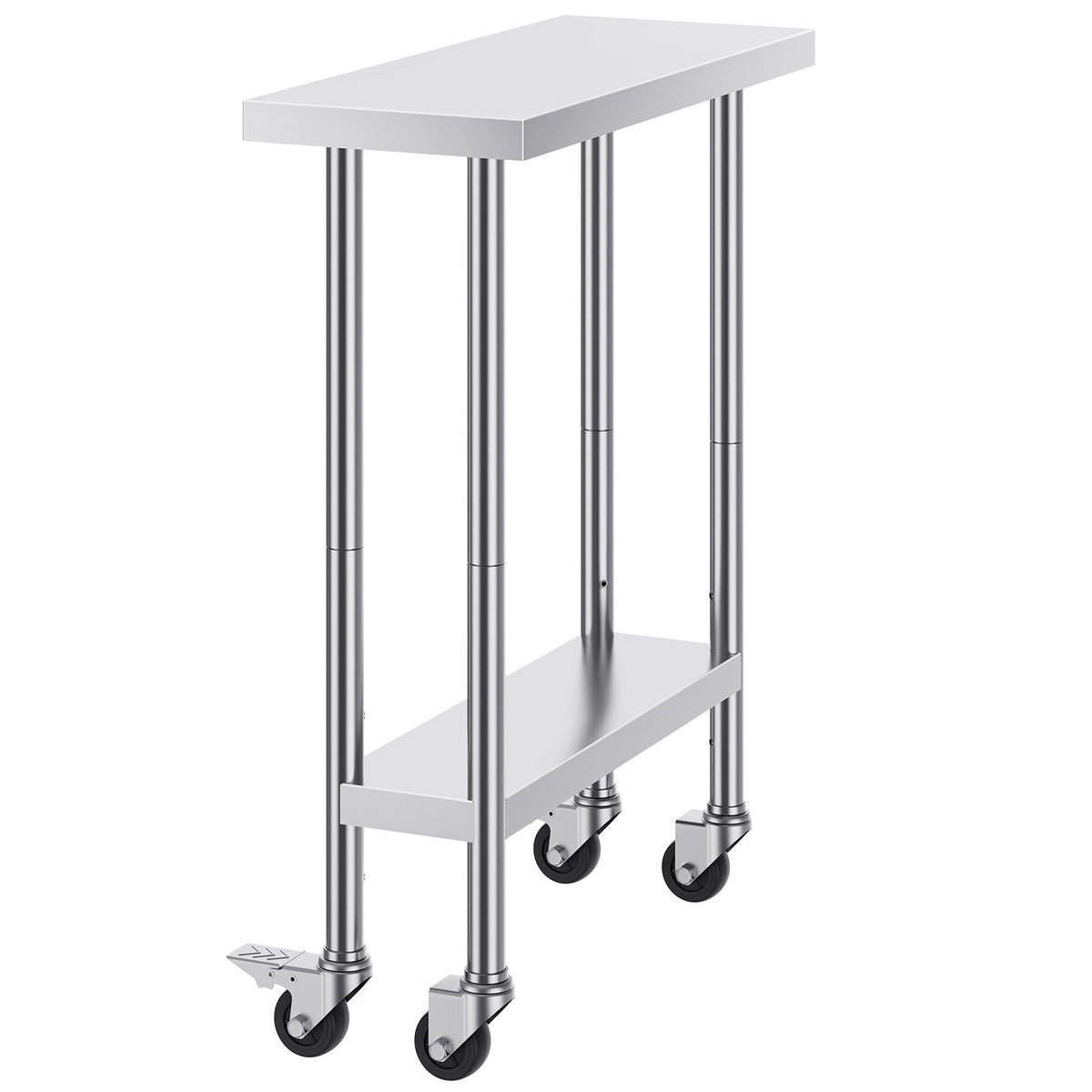Stainless Steel Work Table 30 x 12 x 38 Inch, with 4 Wheels, 3 Adjustable Height Levels, Heavy Duty Food Prep Worktable for Commercial Kitchen Restaurant, Silver