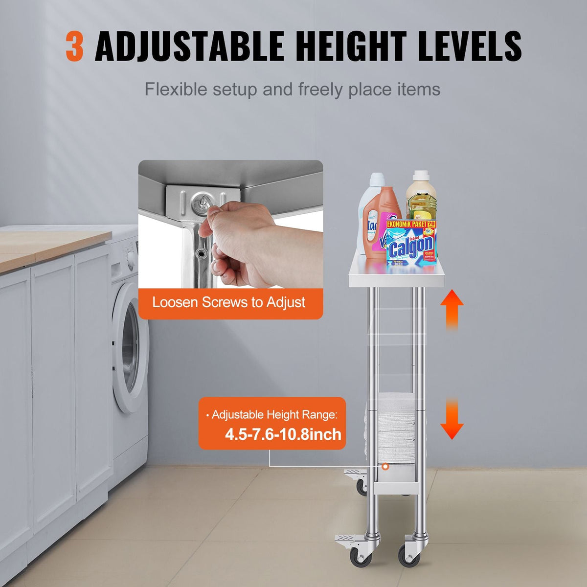Stainless Steel Work Table 30 x 12 x 38 Inch, with 4 Wheels, 3 Adjustable Height Levels, Heavy Duty Food Prep Worktable for Commercial Kitchen Restaurant, Silver