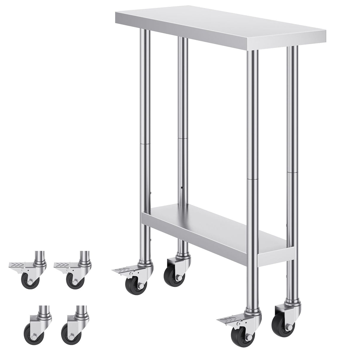 Stainless Steel Work Table 30 x 12 x 38 Inch, with 4 Wheels, 3 Adjustable Height Levels, Heavy Duty Food Prep Worktable for Commercial Kitchen Restaurant, Silver