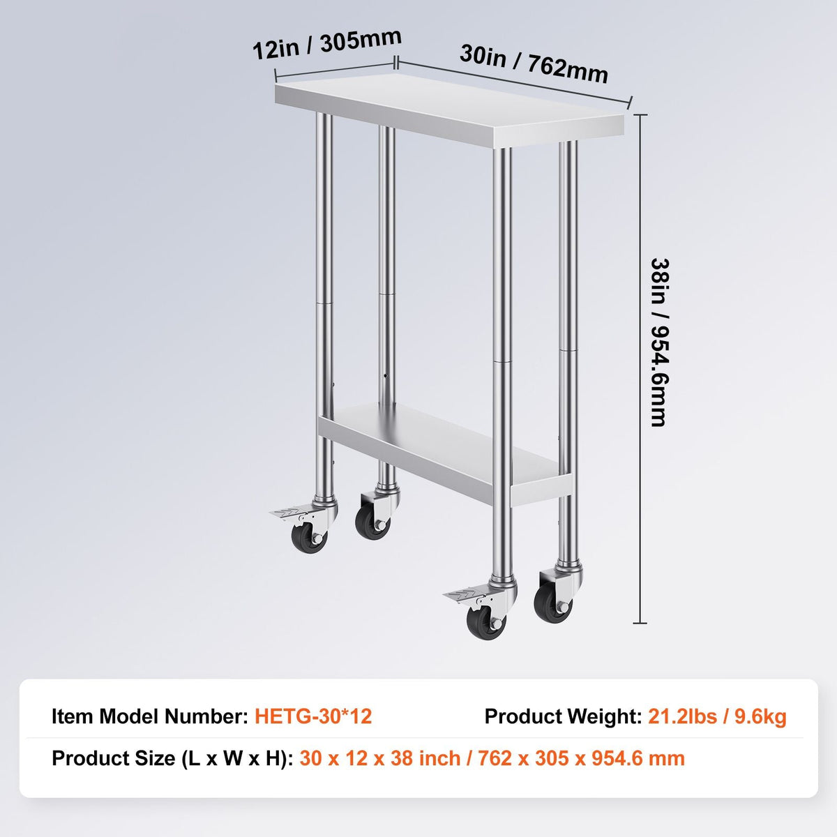 Stainless Steel Work Table 30 x 12 x 38 Inch, with 4 Wheels, 3 Adjustable Height Levels, Heavy Duty Food Prep Worktable for Commercial Kitchen Restaurant, Silver