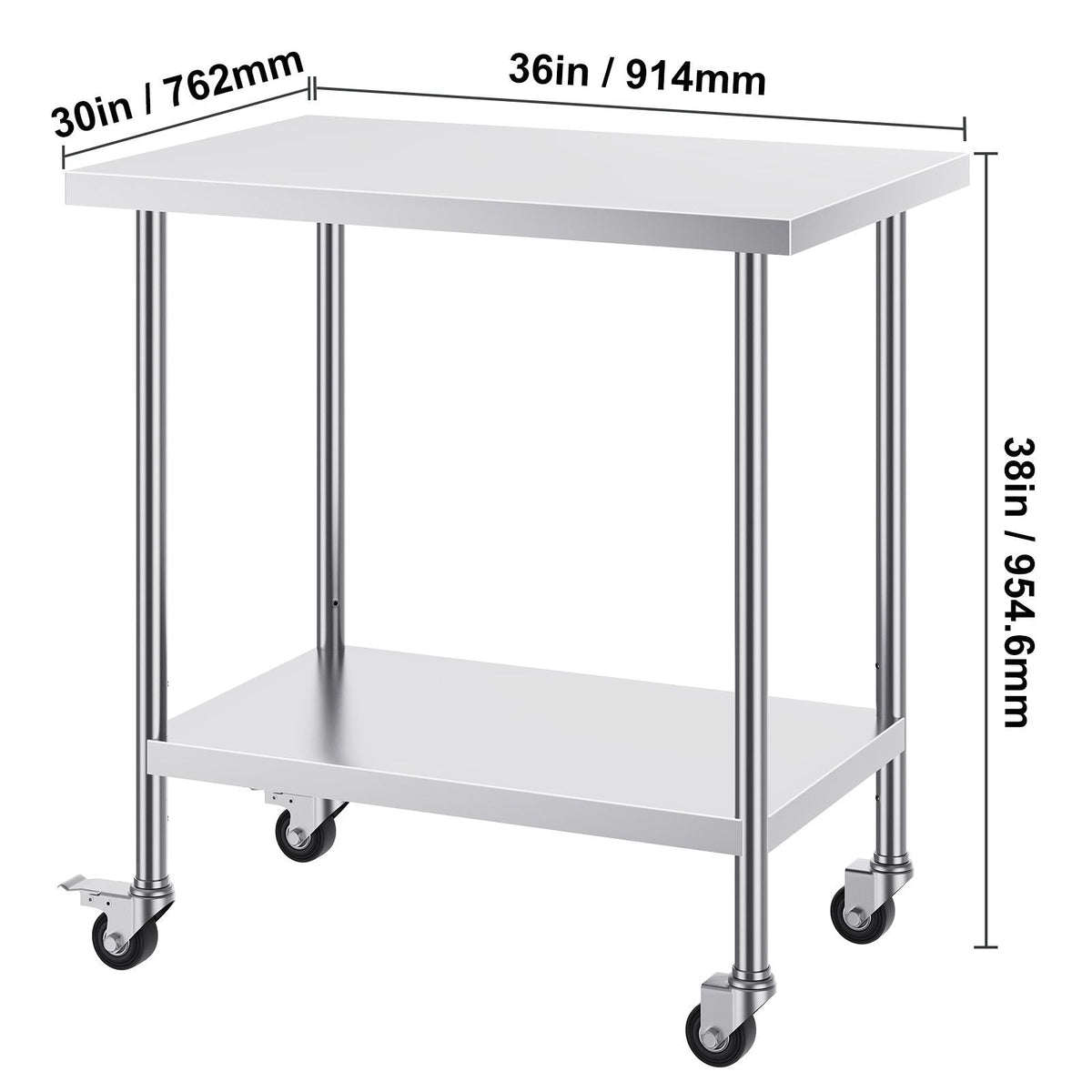 Stainless Steel Work Table 30 x 18 x 38 Inch, with 4 Wheels, 3 Adjustable Height Levels, Heavy Duty Food Prep Worktable for Commercial Kitchen Restaurant, Silver