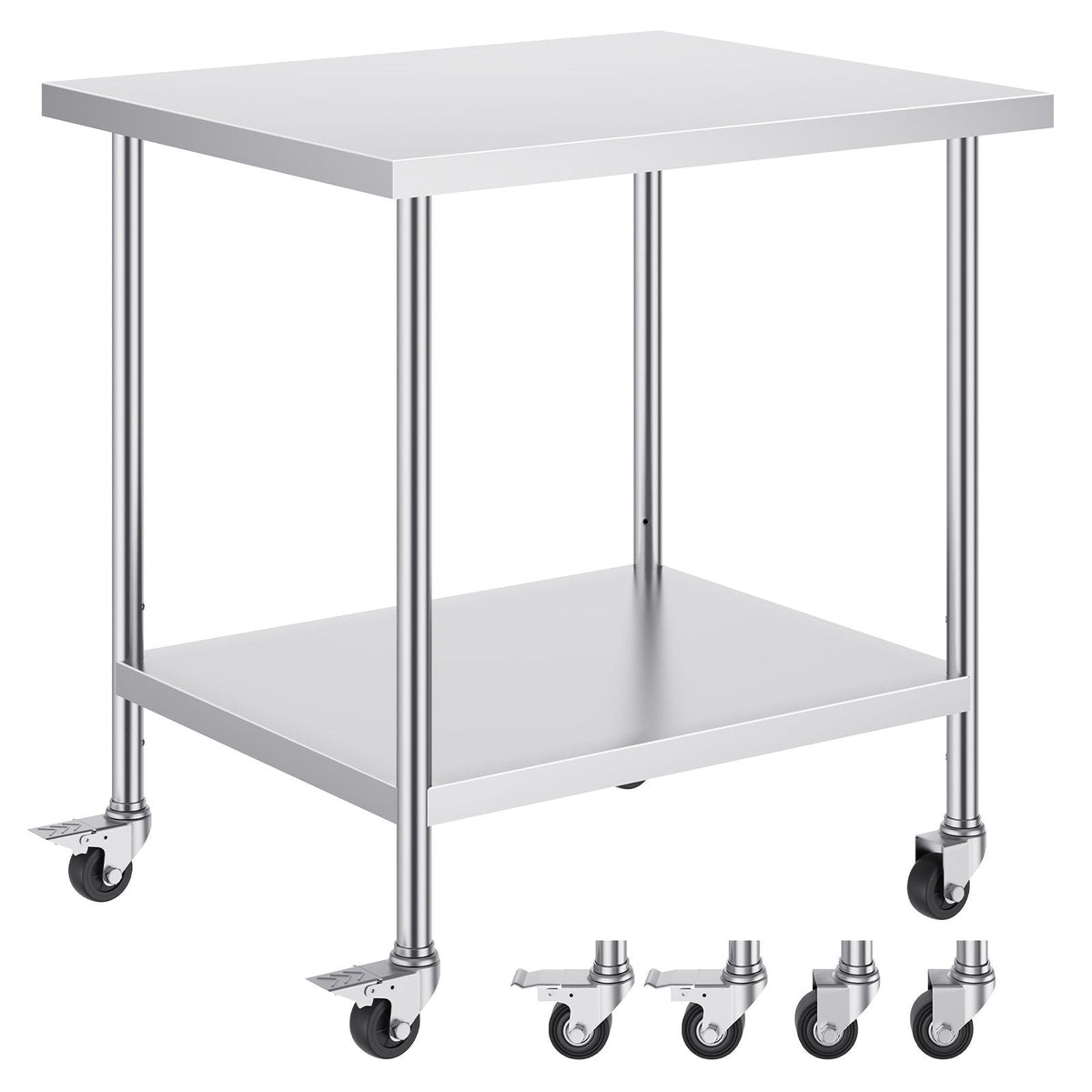 Stainless Steel Work Table 30 x 18 x 38 Inch, with 4 Wheels, 3 Adjustable Height Levels, Heavy Duty Food Prep Worktable for Commercial Kitchen Restaurant, Silver