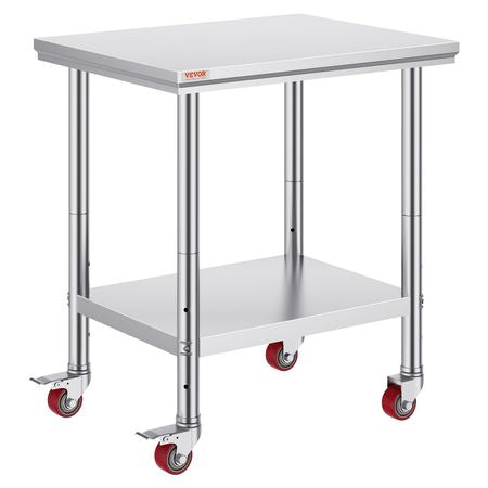 Stainless Steel Work Table 30 x 24 x 33 Inch, 700 LBS Load Capacity with 4 Wheels, 3 Adjustable Height Levels, Heavy Duty Food Prep Worktable for Commercial Kitchen Restaurant, Silver