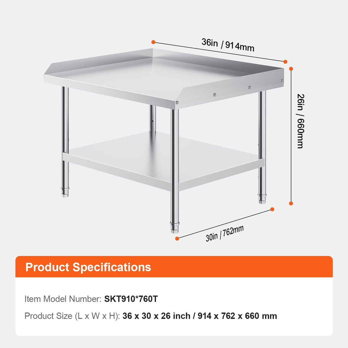 Stainless Steel Work Table, 30 x 36 x 26 Inch Commercial Food Prep Worktable, 3-Sided Backsplash Heavy Duty Prep Worktable, Metal Work Table with Adjustable Height for Restaurant Home Hotel