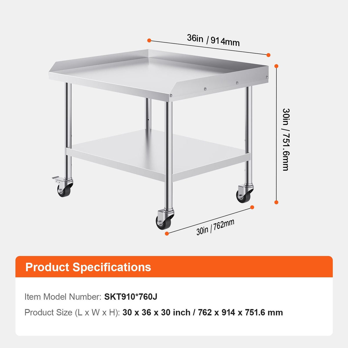Stainless Steel Work Table, 30 x 36 x 30 Inch Commercial Food Prep Worktable with 4 Wheels, Casters, 3-Sided Backsplash Heavy Duty Prep Worktable, Metal Work Table for Restaurant Home Hotel