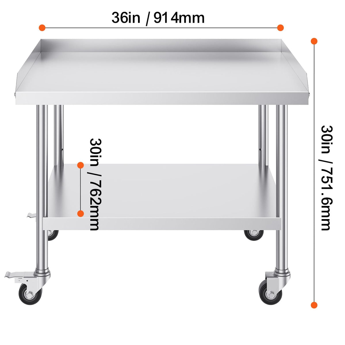 Stainless Steel Work Table, 30 x 36 x 30 Inch Commercial Food Prep Worktable with 4 Wheels, Casters, 3-Sided Backsplash Heavy Duty Prep Worktable, Metal Work Table for Restaurant Home Hotel