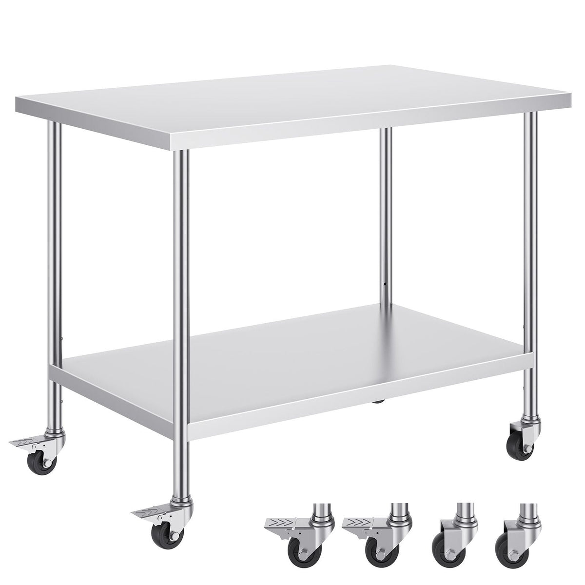 Stainless Steel Work Table 30 x 48 x 38 Inch, with 4 Wheels, 3 Adjustable Height Levels, Heavy Duty Food Prep Worktable for Commercial Kitchen Restaurant, Silver