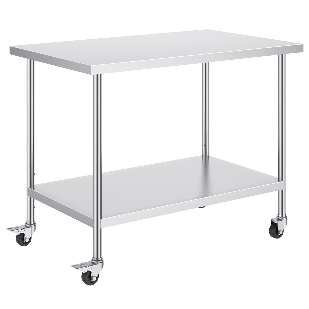 Stainless Steel Work Table 30 x 48 x 38 Inch, with 4 Wheels, 3 Adjustable Height Levels, Heavy Duty Food Prep Worktable for Commercial Kitchen Restaurant, Silver