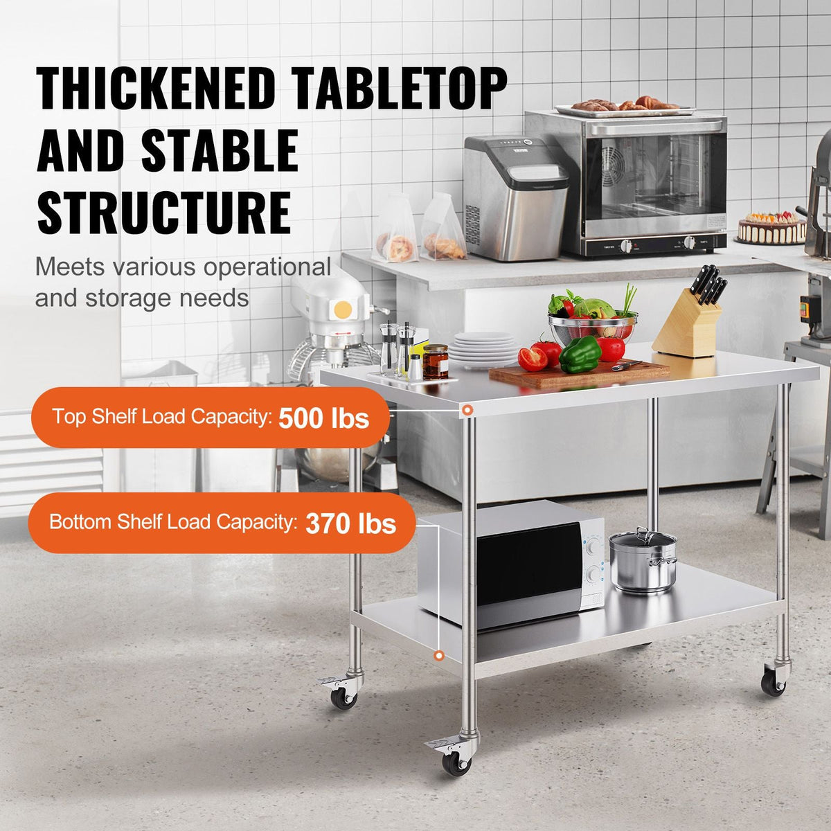 Stainless Steel Work Table 30 x 48 x 38 Inch, with 4 Wheels, 3 Adjustable Height Levels, Heavy Duty Food Prep Worktable for Commercial Kitchen Restaurant, Silver
