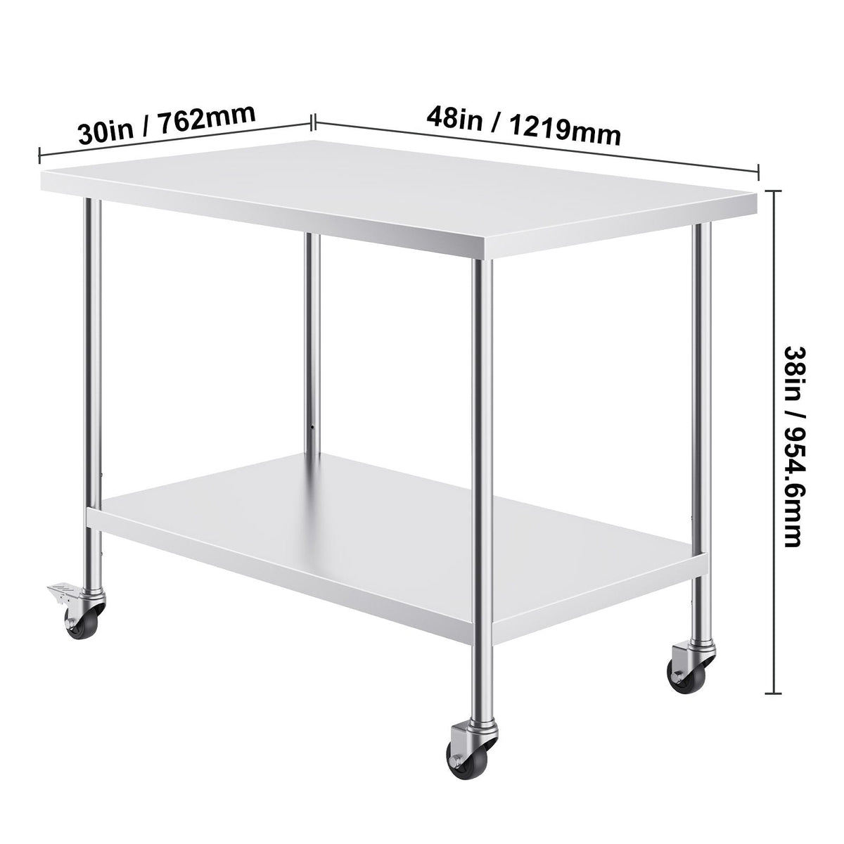 Stainless Steel Work Table 30 x 48 x 38 Inch, with 4 Wheels, 3 Adjustable Height Levels, Heavy Duty Food Prep Worktable for Commercial Kitchen Restaurant, Silver