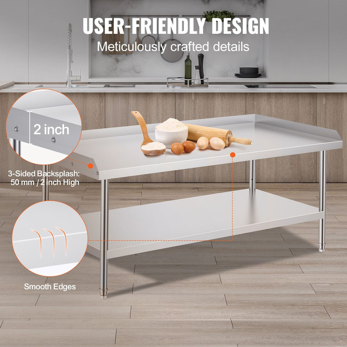 Stainless Steel Work Table, 30 x 60 x 26 Inch Commercial Food Prep Worktable, 3-Sided Backsplash Heavy Duty Prep Worktable, Metal Work Table for Restaurant Home Hotel