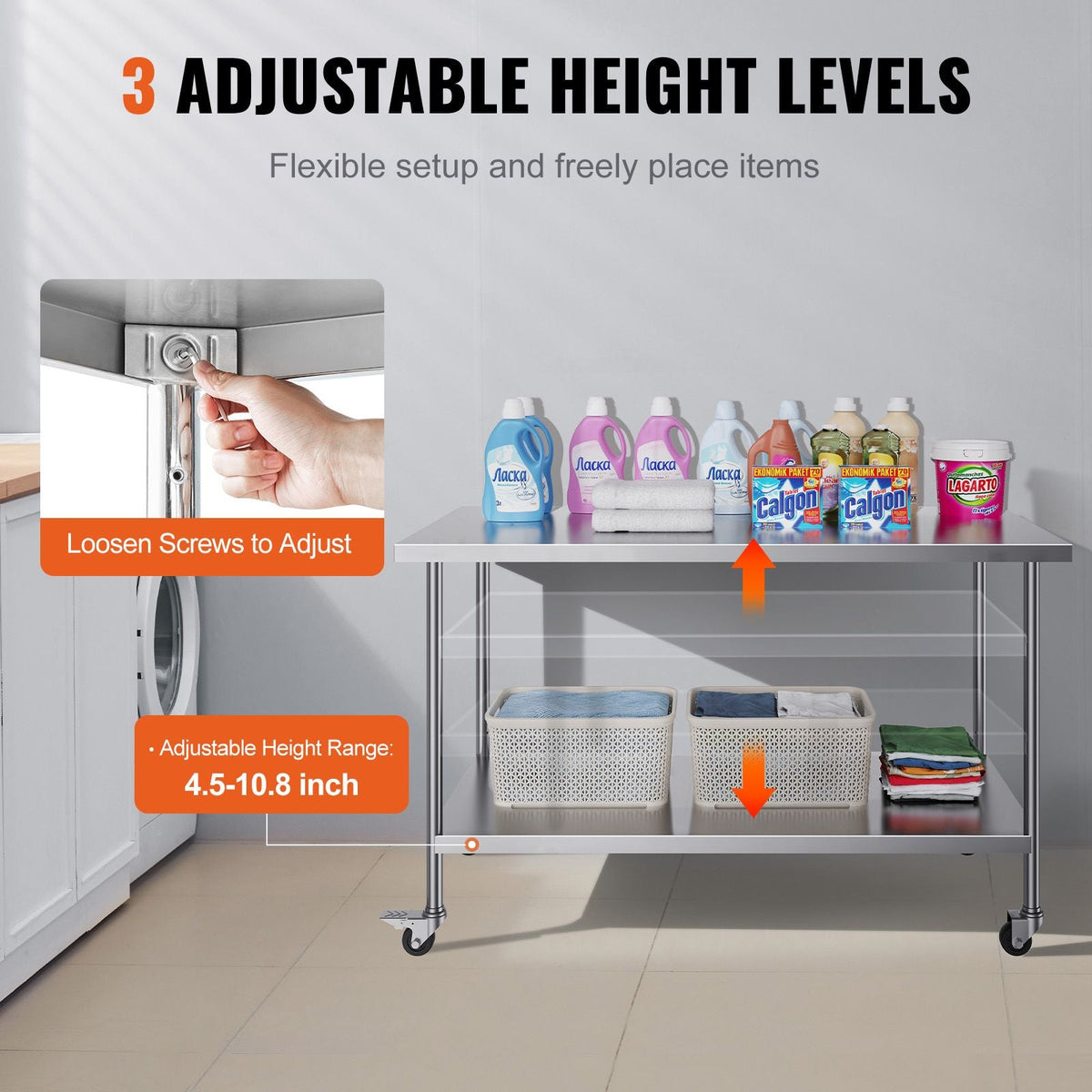 Stainless Steel Work Table 30 x 60 x 38 Inch, with 4 Wheels, 3 Adjustable Height Levels, Heavy Duty Food Prep Worktable for Commercial Kitchen Restaurant, Silver