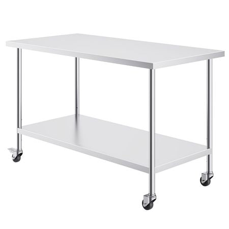 Stainless Steel Work Table 30 x 60 x 38 Inch, with 4 Wheels, 3 Adjustable Height Levels, Heavy Duty Food Prep Worktable for Commercial Kitchen Restaurant, Silver