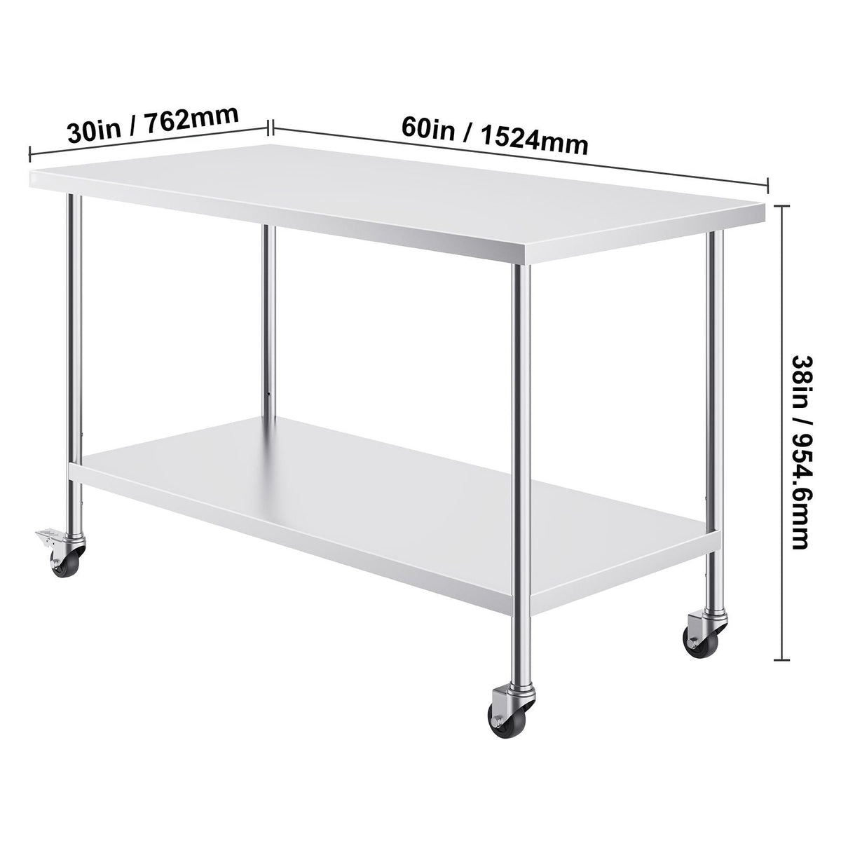 Stainless Steel Work Table 30 x 60 x 38 Inch, with 4 Wheels, 3 Adjustable Height Levels, Heavy Duty Food Prep Worktable for Commercial Kitchen Restaurant, Silver