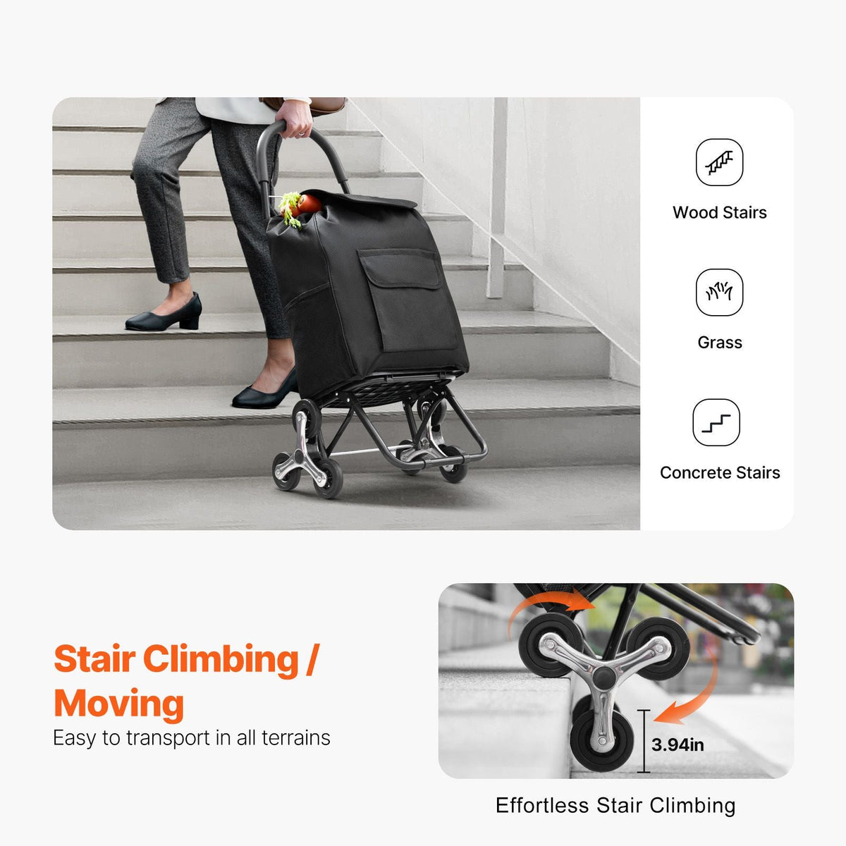 Stair Climber Trolley Dolly, 36L Folding Shopping Cart, Grocery Cart Trolley Laundry Stair Climbing Handcart with 6 Wheels & Oxford Cloth Bag, Foldable Cart for Shopping Grocery Laundry, Black