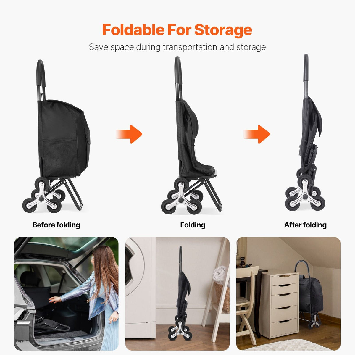 Stair Climber Trolley Dolly, 36L Folding Shopping Cart, Grocery Cart Trolley Laundry Stair Climbing Handcart with 6 Wheels & Oxford Cloth Bag, Foldable Cart for Shopping Grocery Laundry, Black
