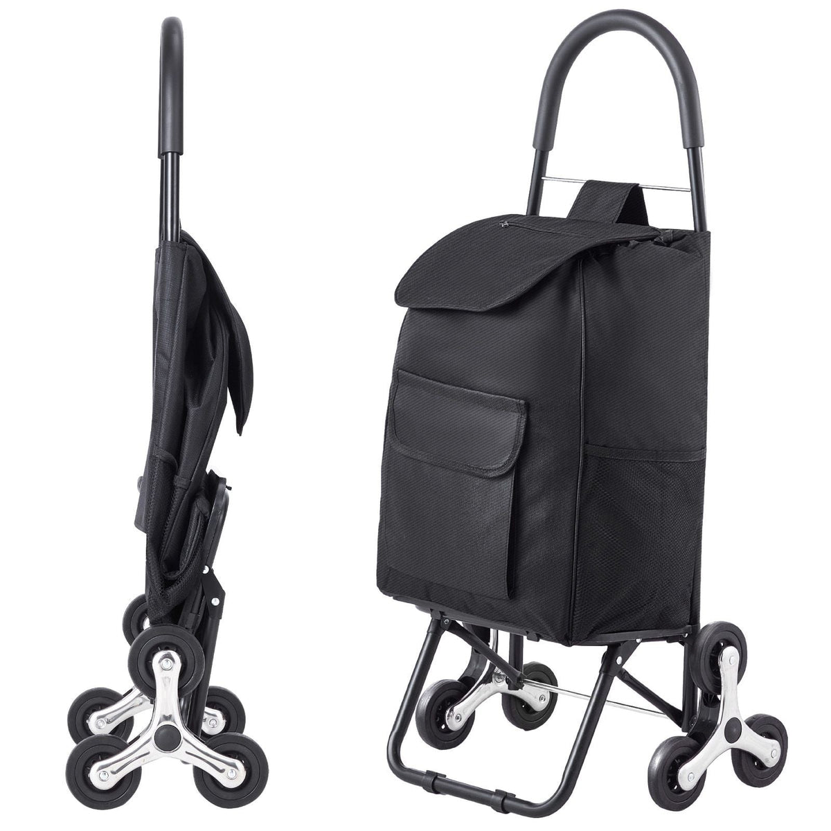 Stair Climber Trolley Dolly, 36L Folding Shopping Cart, Grocery Cart Trolley Laundry Stair Climbing Handcart with 6 Wheels & Oxford Cloth Bag, Foldable Cart for Shopping Grocery Laundry, Black