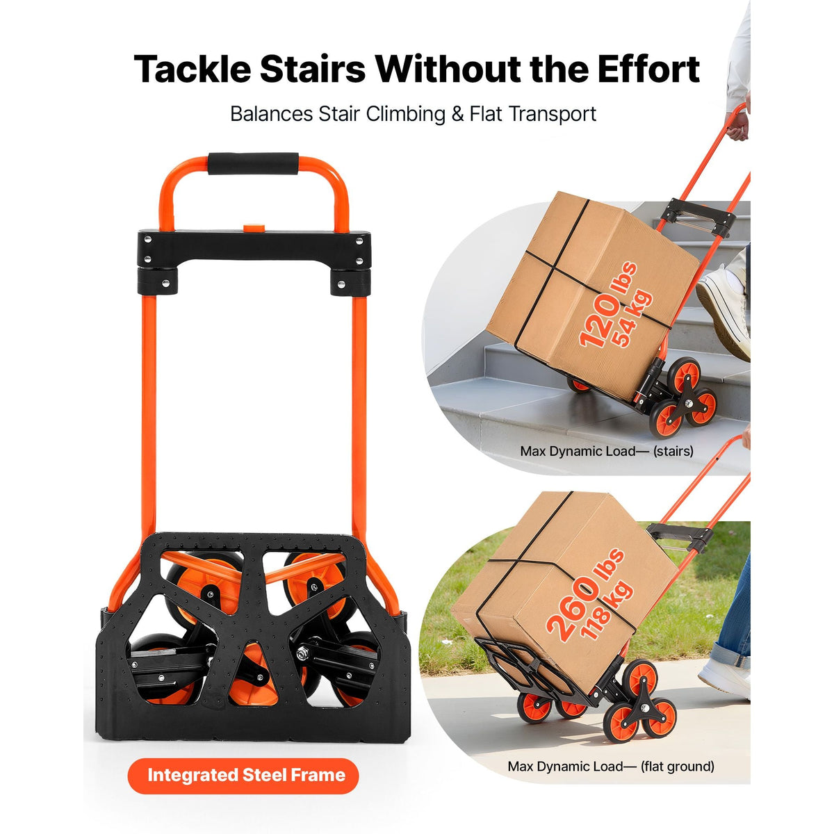 Stair Climbing Cart, 120 lbs Stair-Climbing Capacity, Portable Folding Trolley Cart with Telescoping Handle, 6 Wheels and 2 Bungee Cords, Stair Climber Dolly for Home, Groceries, Warehouse