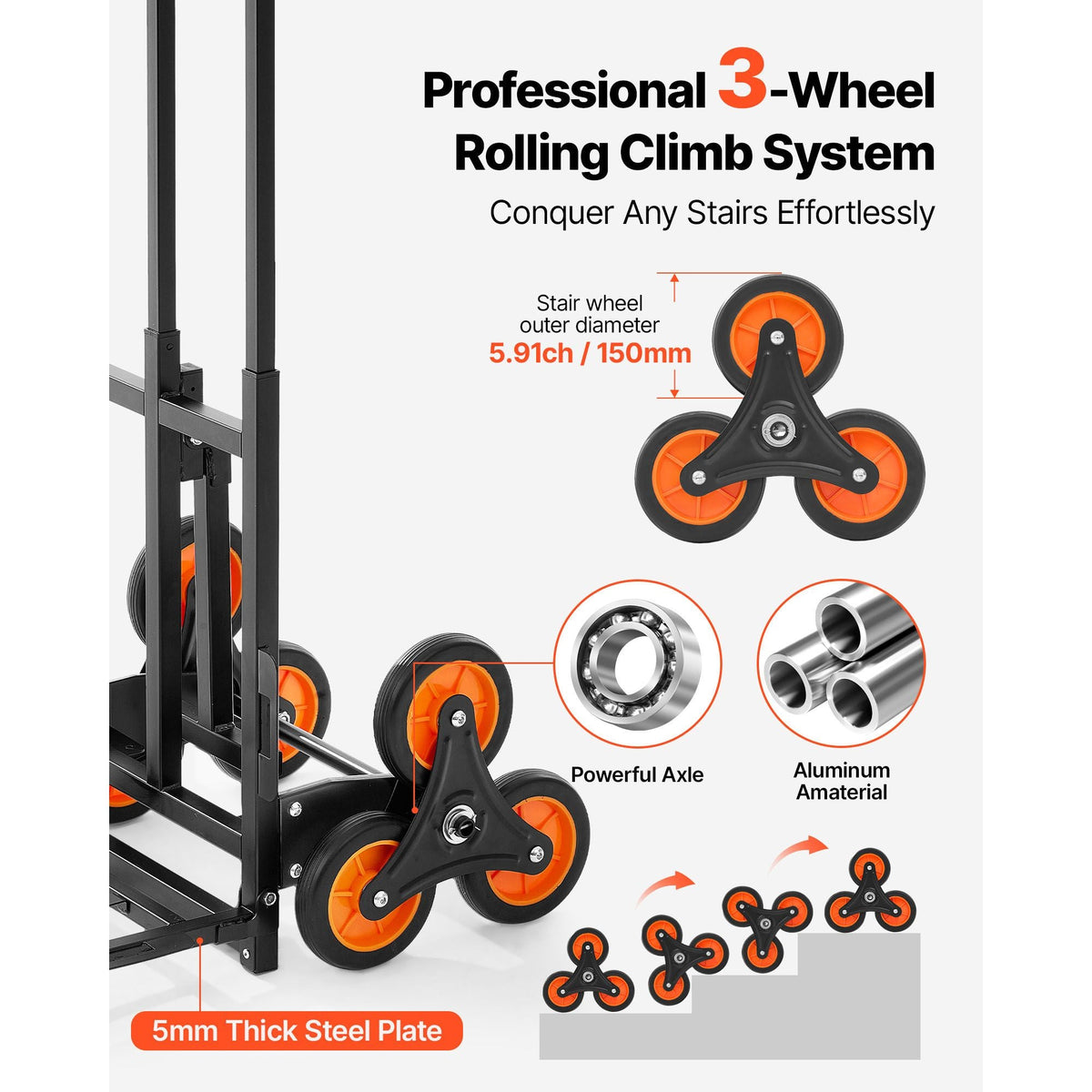 Stair Climbing Cart, 220 lbs Stair-Climbing Capacity, Heavy-Duty Folding Trolley Cart with Telescoping Handle, 6 Wheels and 2 Bungee Cords, Stair Climber Dolly for Home, Groceries, Warehouse