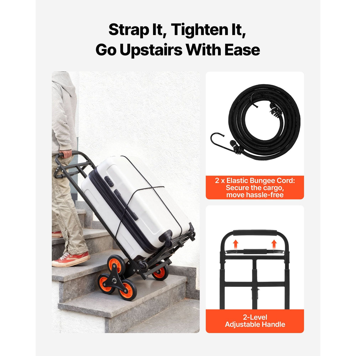 Stair Climbing Cart, 220 lbs Stair-Climbing Capacity, Heavy-Duty Folding Trolley Cart with Telescoping Handle, 6 Wheels and 2 Bungee Cords, Stair Climber Dolly for Home, Groceries, Warehouse