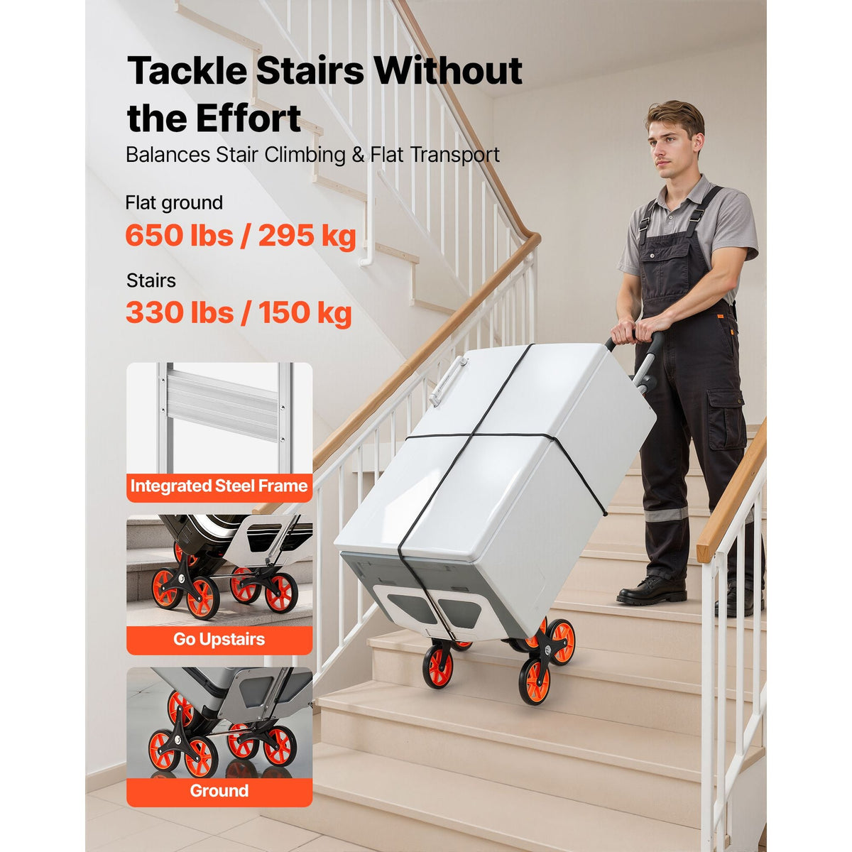 Stair Climbing Cart, 330 lbs Stair-Climb Capacity, Aluminum Alloy Folding Trolley Cart with Telescoping Handle, 6 Wheels and 2 Bungee Cords, Stair Climber Dolly for Home, Groceries, Warehouse
