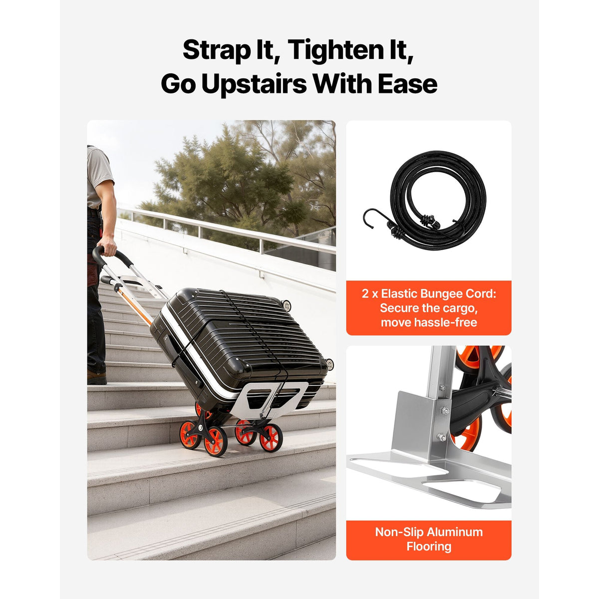 Stair Climbing Cart, 330 lbs Stair-Climb Capacity, Aluminum Alloy Folding Trolley Cart with Telescoping Handle, 6 Wheels and 2 Bungee Cords, Stair Climber Dolly for Home, Groceries, Warehouse