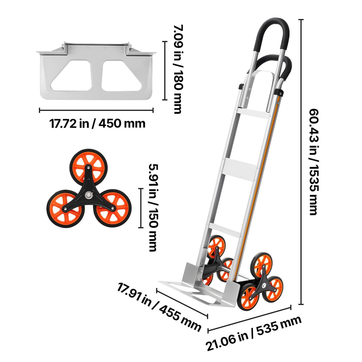 Stair Climbing Cart, 330 lbs Stair-Climb Capacity, Aluminum Alloy Folding Trolley Cart with Telescoping Handle, 6 Wheels and 2 Bungee Cords, Stair Climber Dolly for Home, Groceries, Warehouse