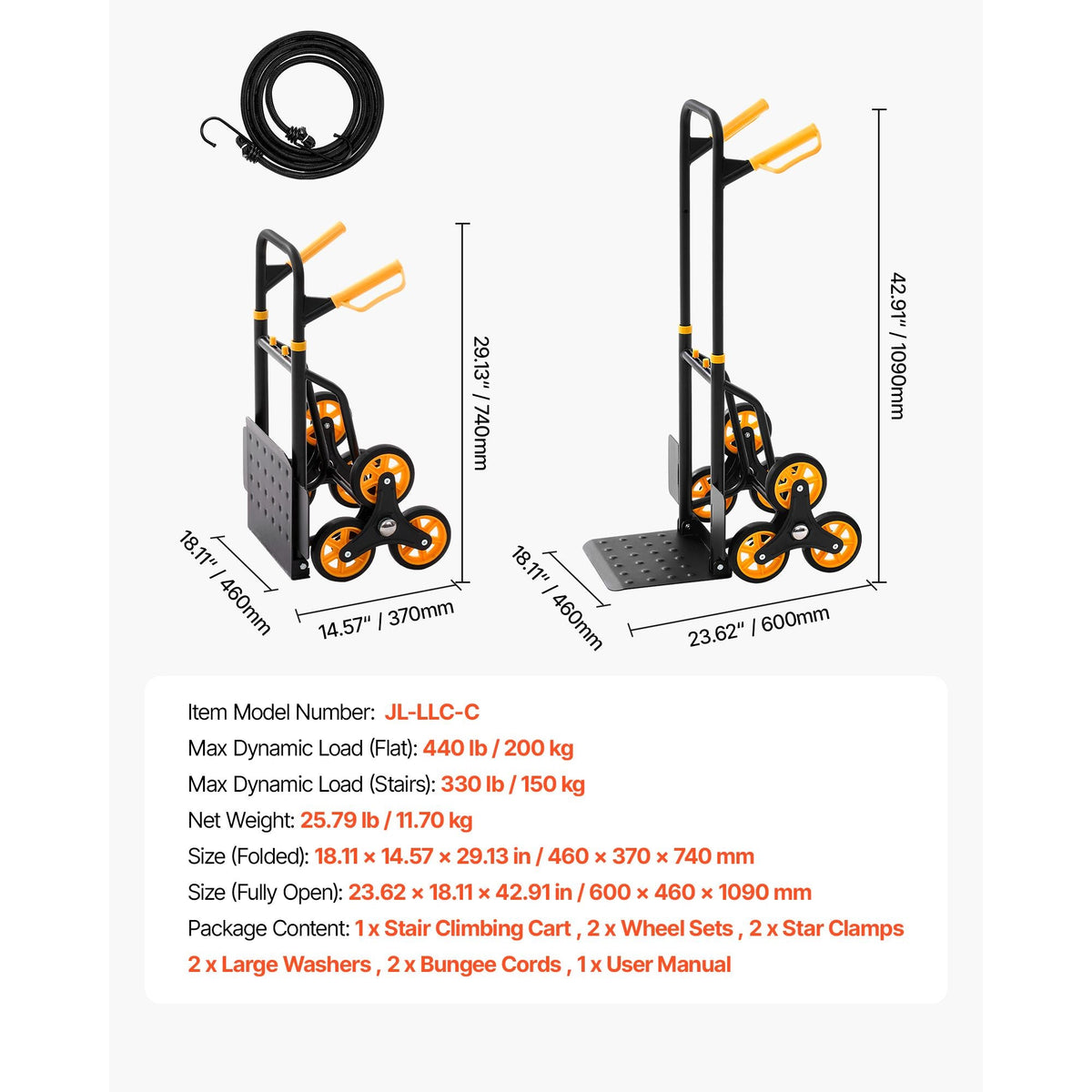 Stair Climbing Cart, 330 lbs Stair-Climbing Capacity, Heavy-Duty Folding Trolley Cart with Telescoping Handle, 6 Wheels and 2 Bungee Cords, Stair Climber Dolly for Home, Groceries, Warehouse