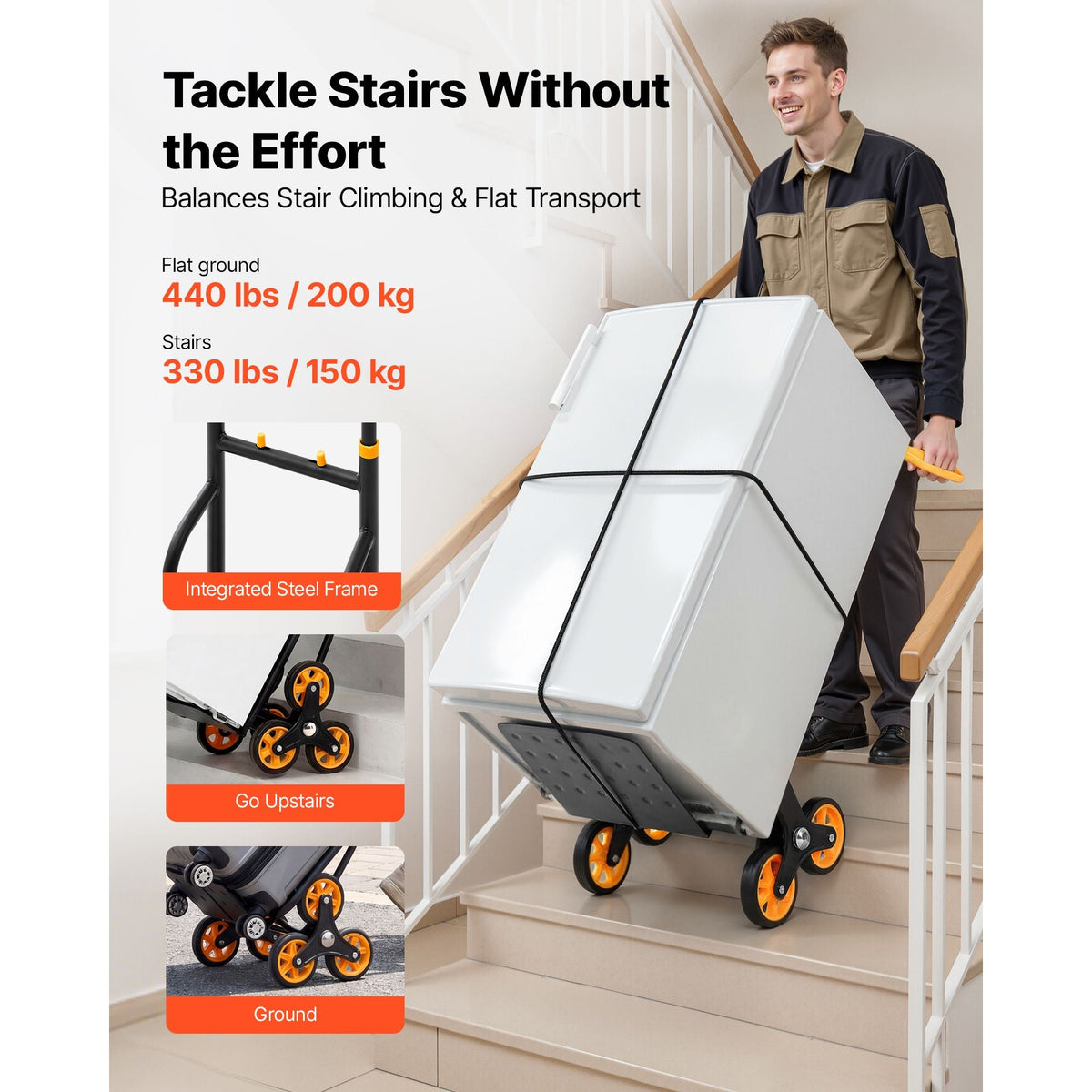 Stair Climbing Cart, 330 lbs Stair-Climbing Capacity, Heavy-Duty Folding Trolley Cart with Telescoping Handle, 6 Wheels and 2 Bungee Cords, Stair Climber Dolly for Home, Groceries, Warehouse