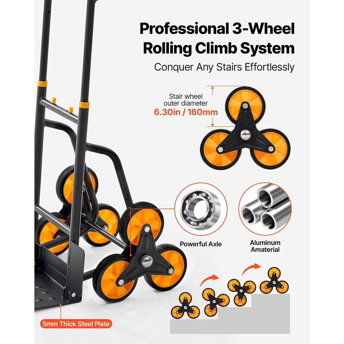Stair Climbing Cart, 440 lbs Stair-Climbing Capacity, Heavy-Duty Folding Trolley Cart with Telescoping Handle, 6 Wheels and 2 Bungee Cords, Stair Climber Dolly for Home, Groceries, Warehouse