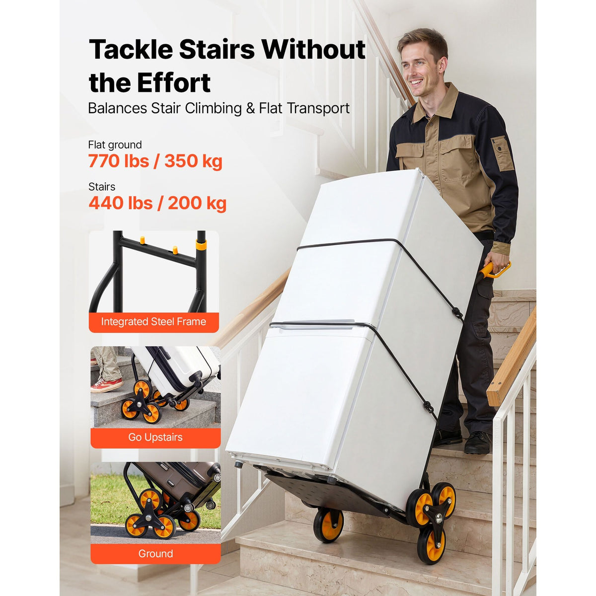 Stair Climbing Cart, 440 lbs Stair-Climbing Capacity, Heavy-Duty Folding Trolley Cart with Telescoping Handle, 6 Wheels and 2 Bungee Cords, Stair Climber Dolly for Home, Groceries, Warehouse