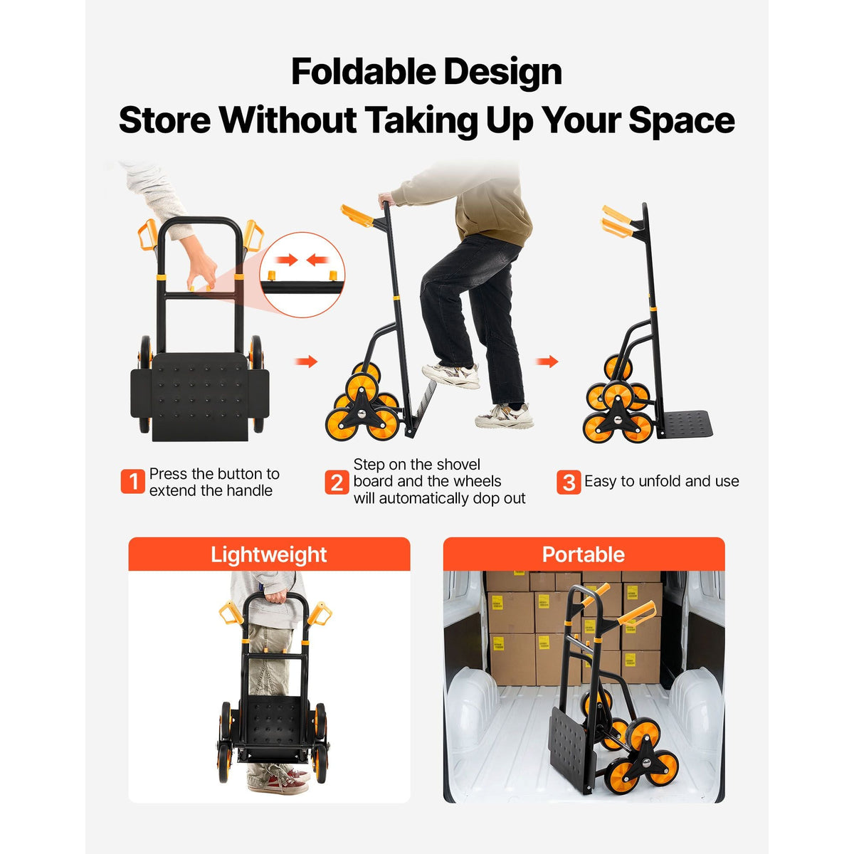 Stair Climbing Cart, 440 lbs Stair-Climbing Capacity, Heavy-Duty Folding Trolley Cart with Telescoping Handle, 6 Wheels and 2 Bungee Cords, Stair Climber Dolly for Home, Groceries, Warehouse