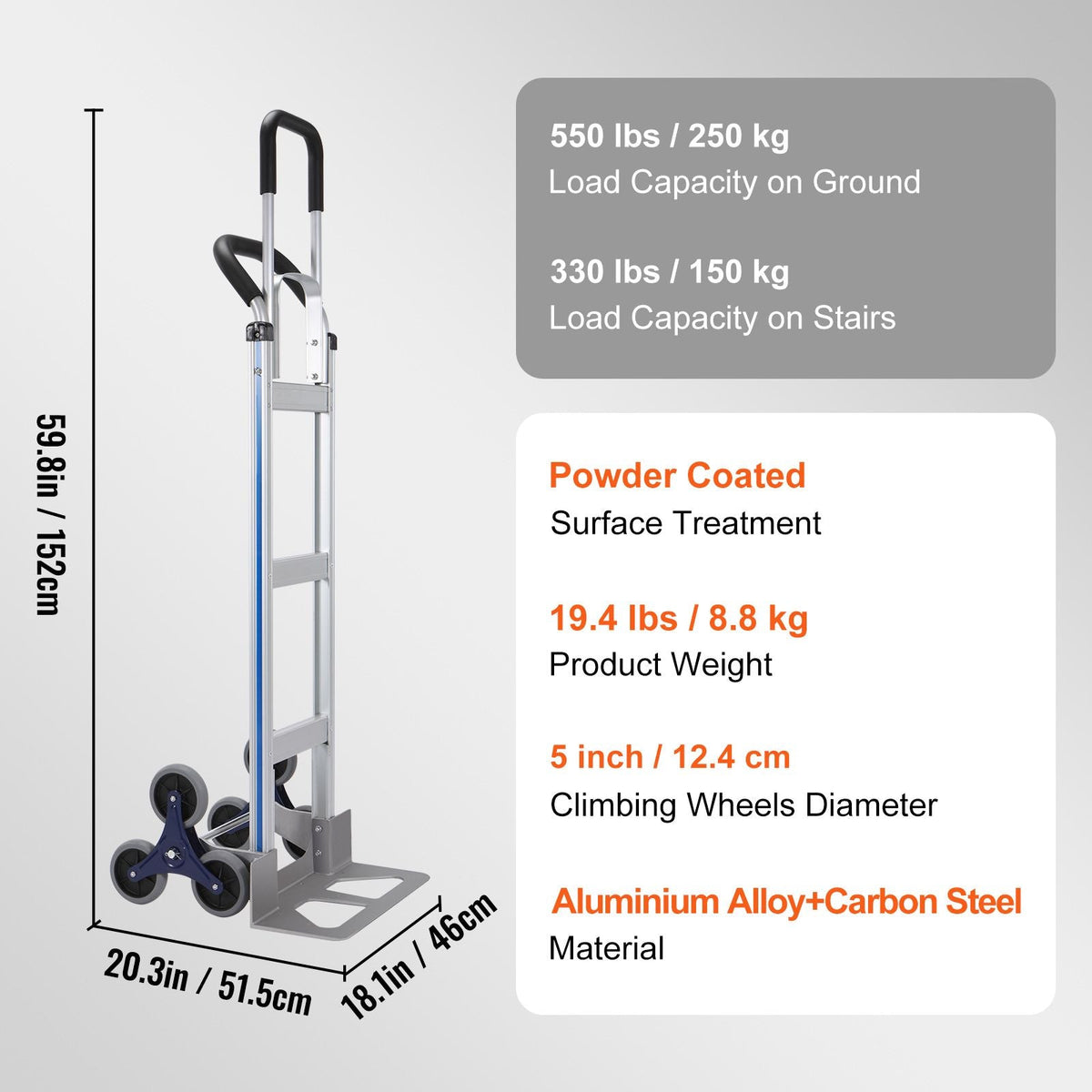 Stair Climbing Cart, 550 lbs Load Capacity, Aluminum Hand Truck Dolly with Dual Handles, Integrated Frame & Nonslip Rubber Wheels, Multipurpose Stair Climber for Warehouse Shopping Airport